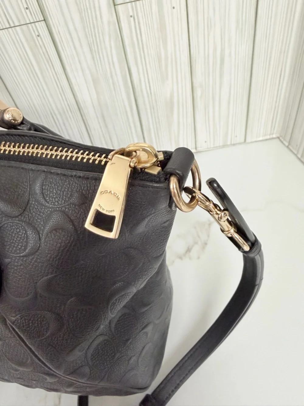 Coach Black Signature Debossed Leather Tote Chain Strap Crossbody Bag - Picture 5 of 16